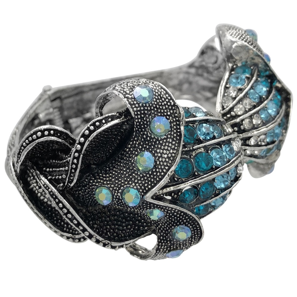 Exotic Flower Lily Tulip Rhinestone Blue Silver Statement Hinged Bangle Bracelet